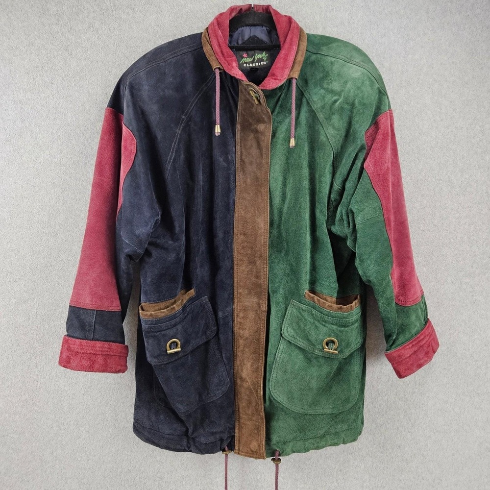 NEW YORK CLASSICS Jacket Women L Multicolor Suede Colorblock Vintage 90s Coat
